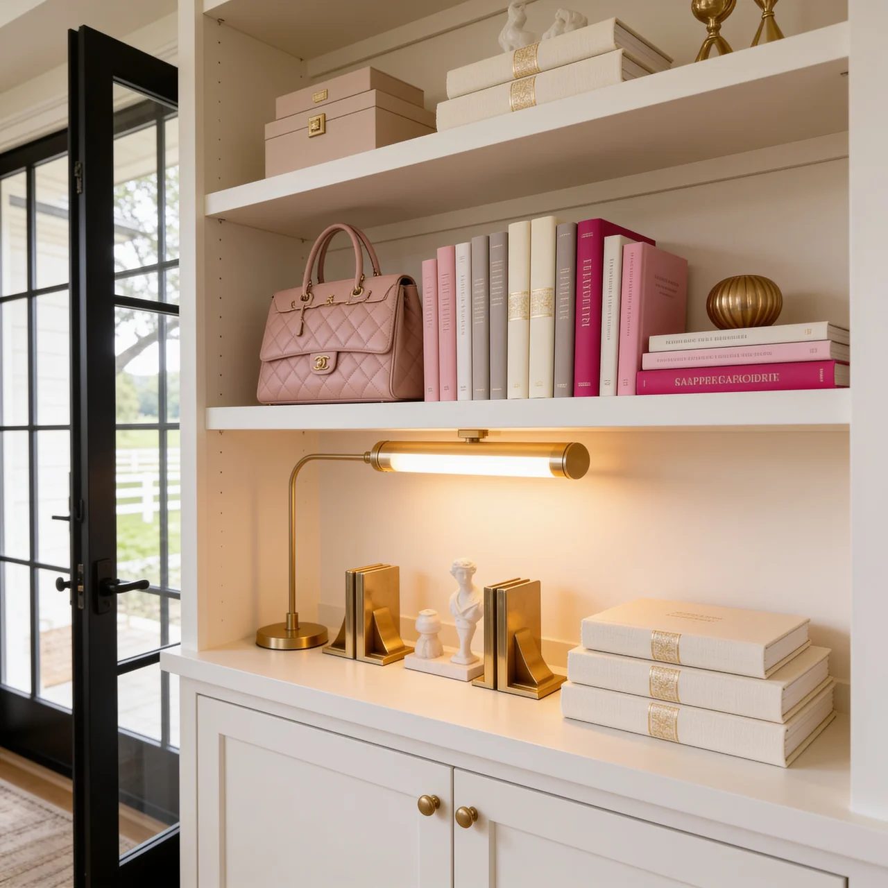 A styled shelf vignette in warm pink and gold tones, editorial branding detail for The Digital Income Edit